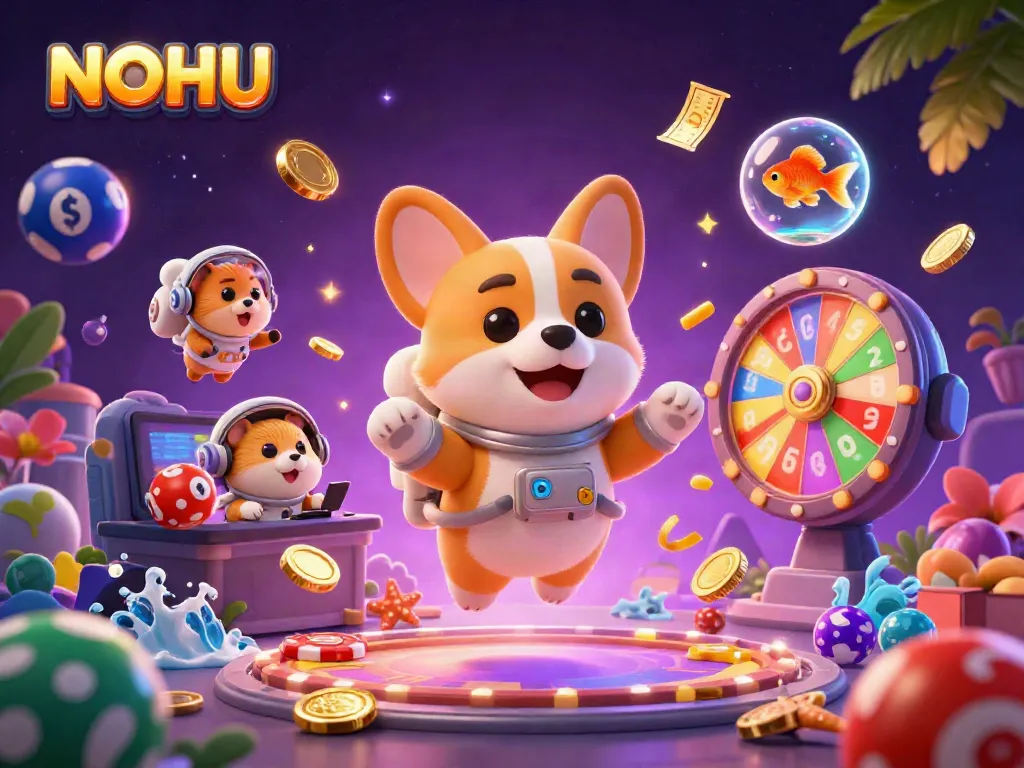 Engage with the NOHU-themed casino experience in a hyper-detailed 3D illustration of a playful astronaut corgi in a vibrant space casino.