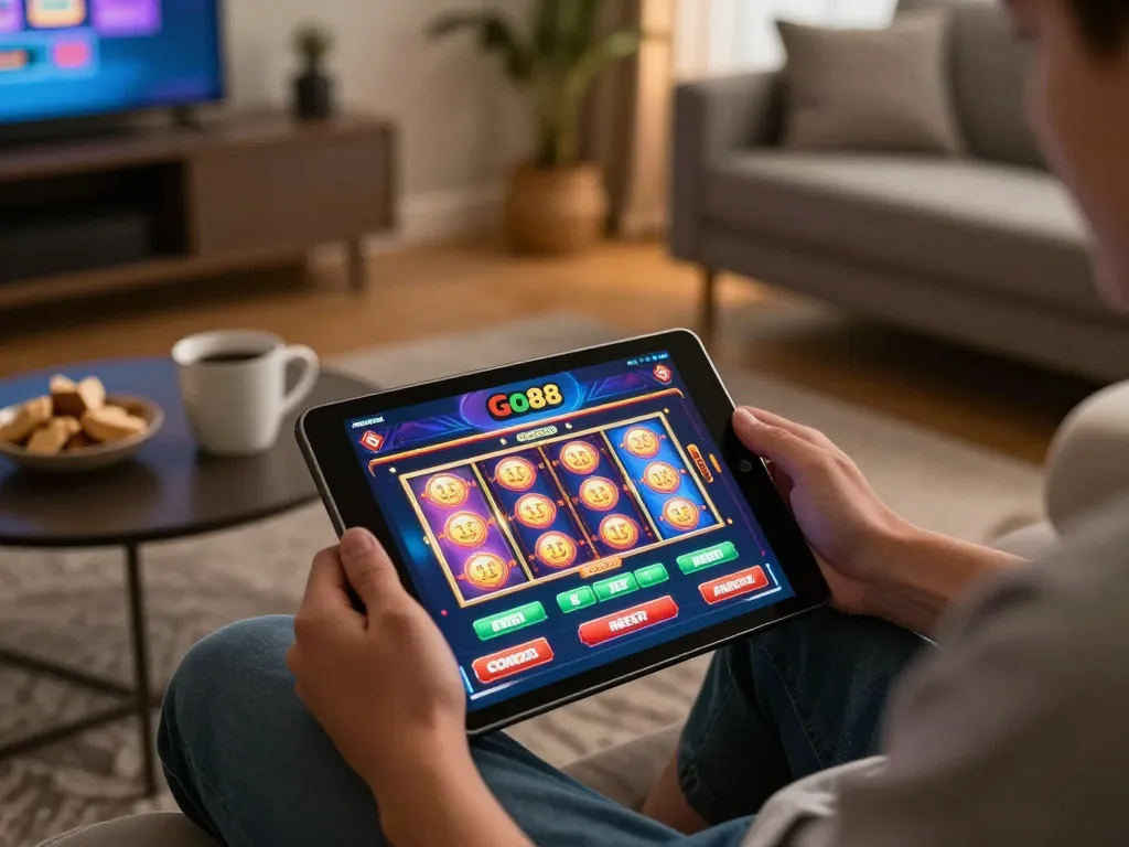 Engaging with Go88 casino app on tablet while enjoying a cozy home gaming night.