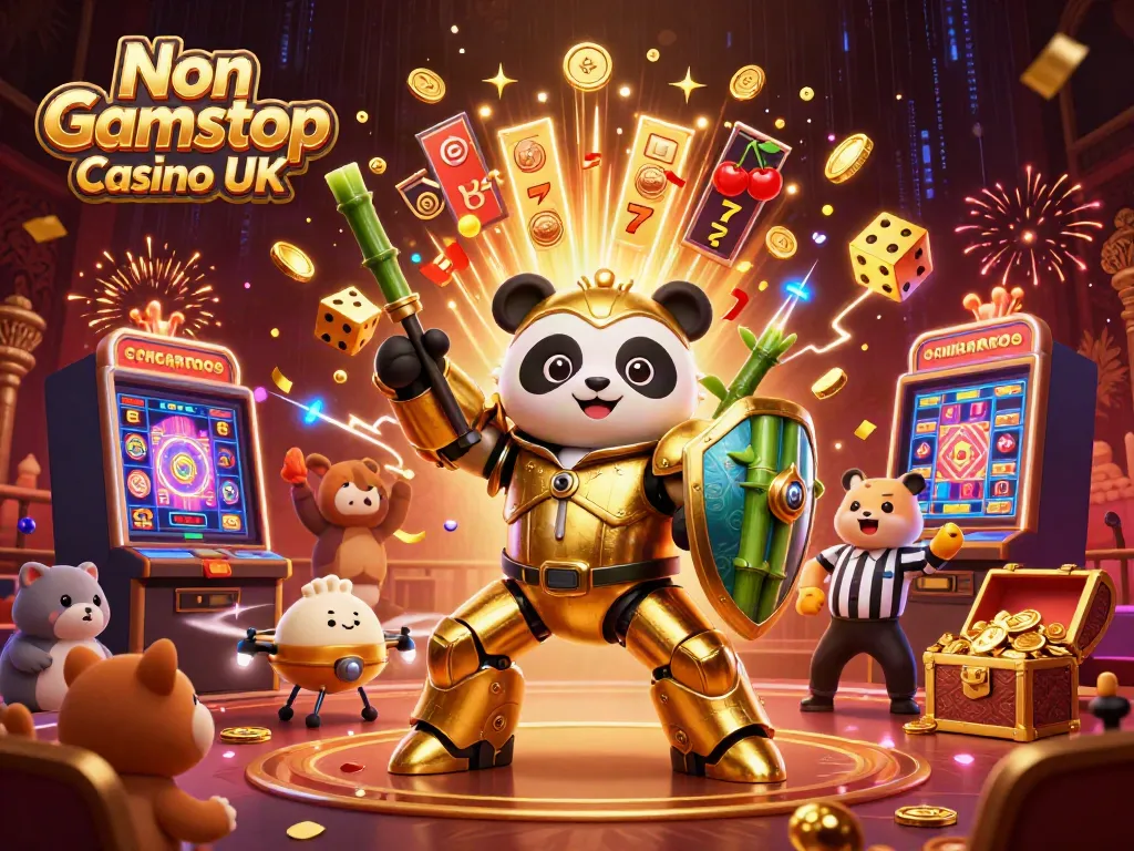 Engaging scene of Non Gamstop Casino UK showcasing a golden panda mech battling amidst casino elements.