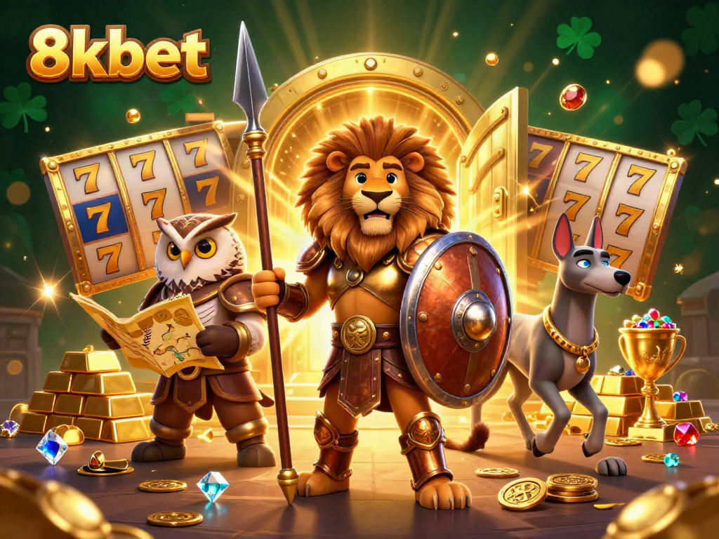 8xbet grand jackpot scene showcasing a Spartan lion champion, owl strategist, and greyhound delivering riches.