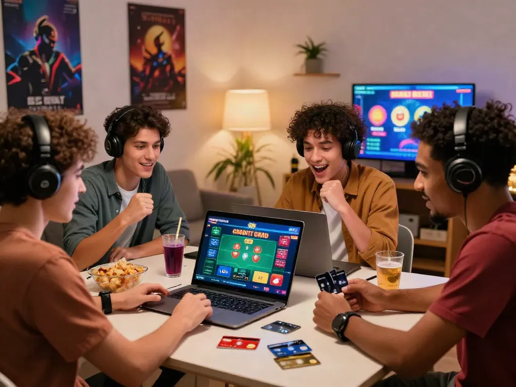 Engaging group playing at online credit card casinos with Visa and Mastercard on the table.