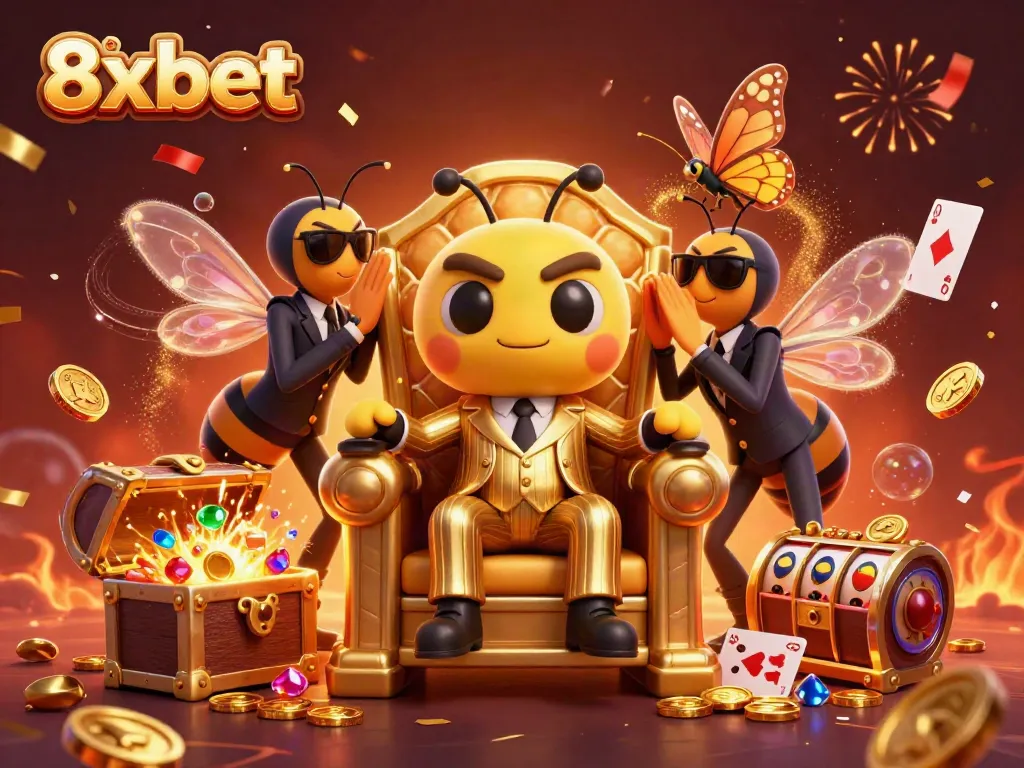 Experience the vibrant energy of 8xbet in this dynamic illustration filled with casino excitement and colorful treasures.