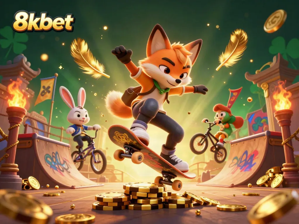 Experience thrilling action with 8xbet as cartoon characters perform exciting stunts in a vibrant casino-themed scene.
