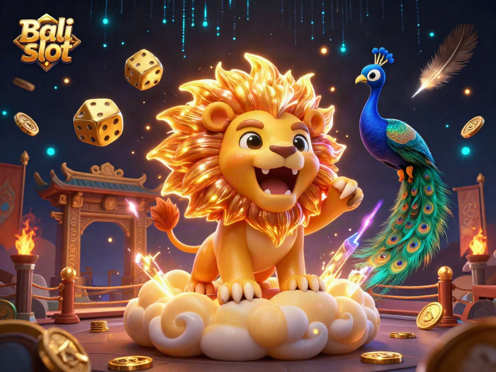 Experience the thrill of Bali slot with a triumphant sun lion, golden dice, and peacock among vibrant casino elements.