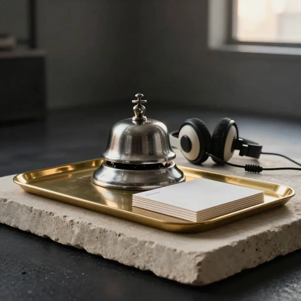 Brushed-steel bell, support headset, blank welcome cards and brass tray on stone in dramatic dawn light.