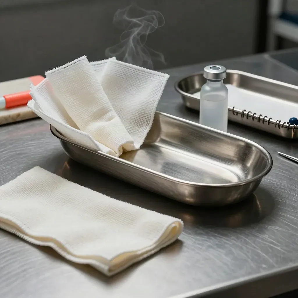 Surgical kidney dish, gauze, saline ampoule and clip tray on brushed metal with a coral accent.