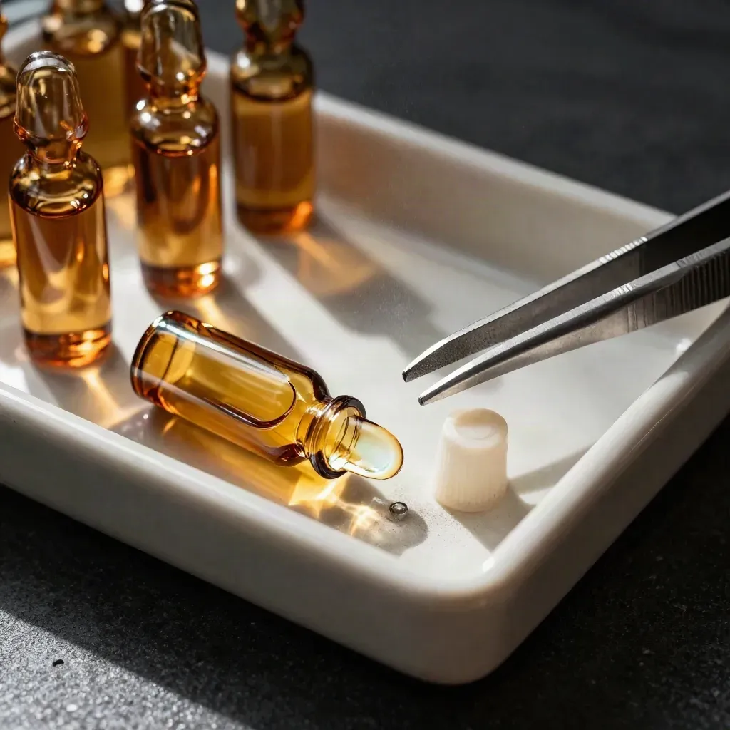 Amber lab vials, tweezers and a ceramic tray in tight overhead macro, one vial at the edge.