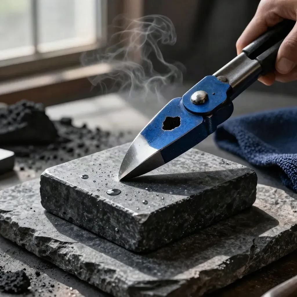 Blacksmith tongs gripping a quenched steel offcut on graphite soapstone, with steam on a dark stone slab.