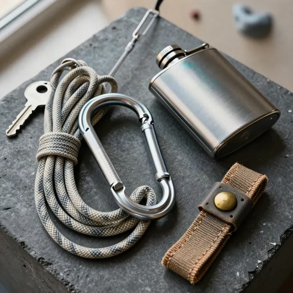 Overhead macro flat lay of climbing rope, carabiner, flask, and canvas strap on concrete.