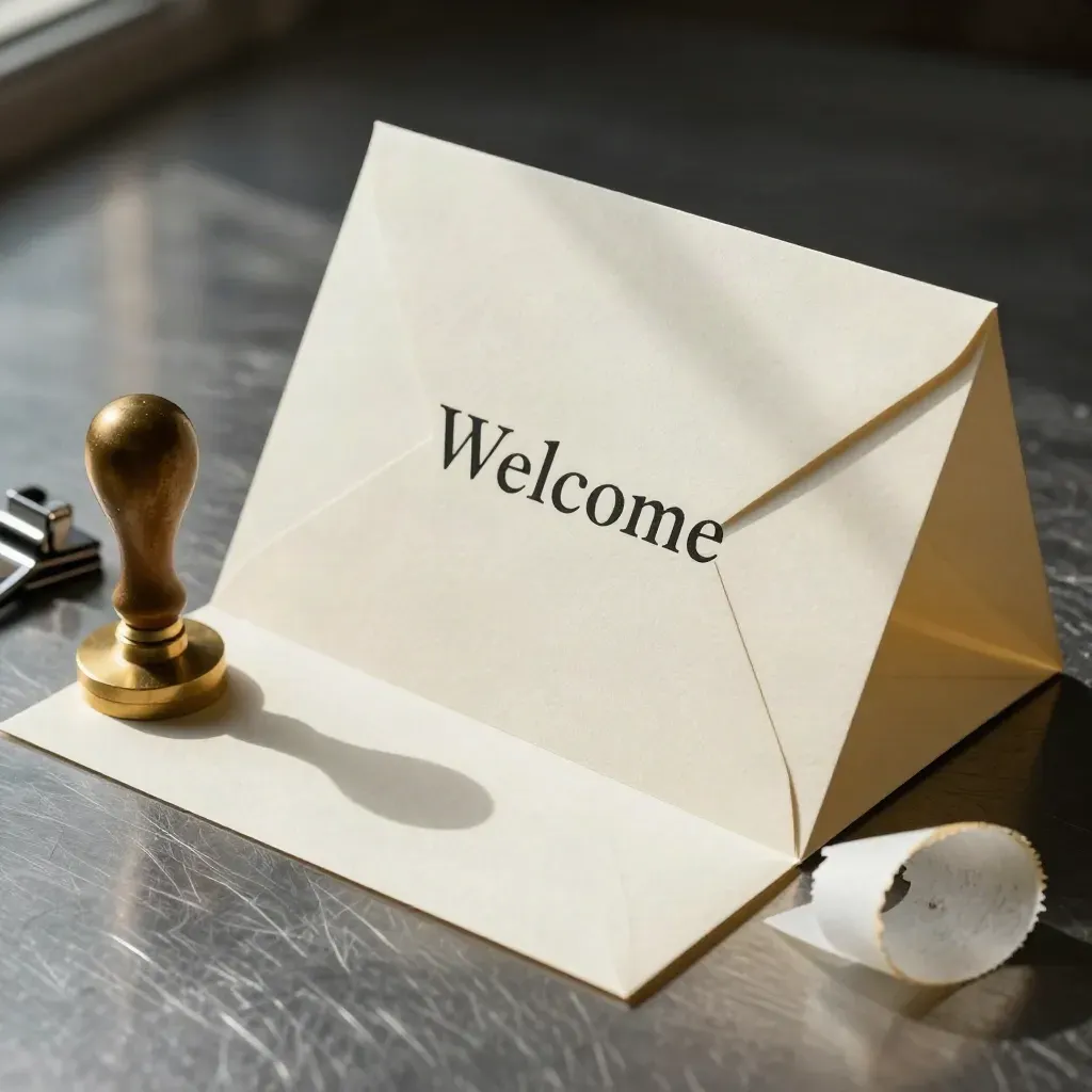 Folded welcome card, brass seal stamp, paper punch and liner on brushed metal