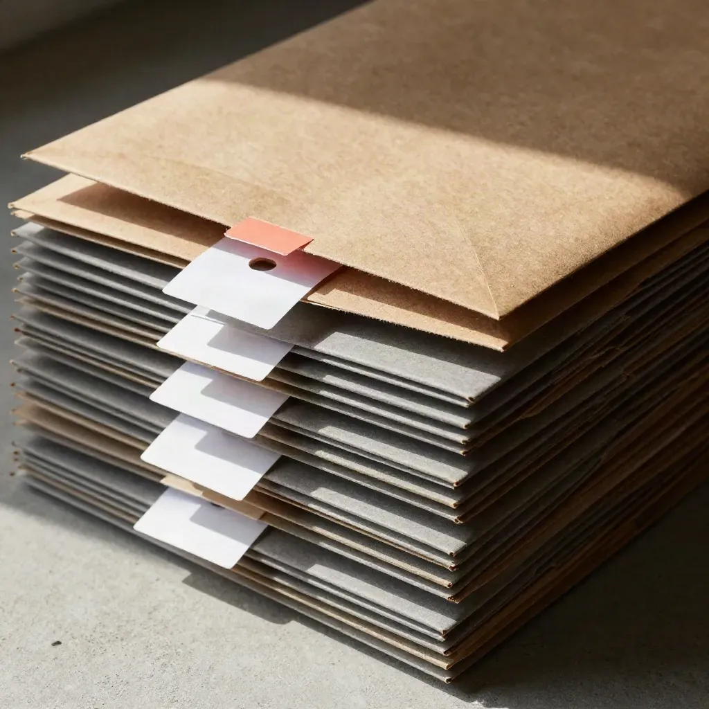 Courier mailers, blank tags, and a kraft envelope on pale concrete with dramatic light.