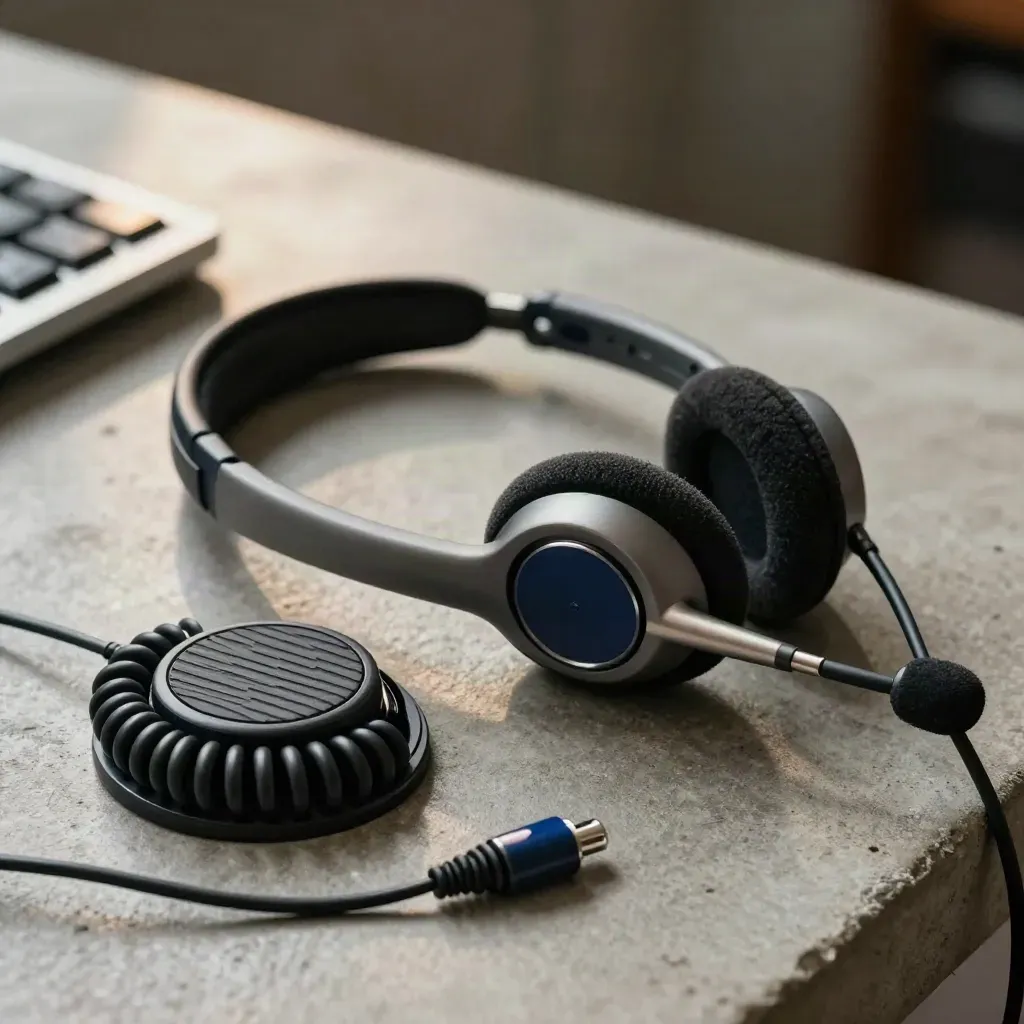 Support headset, talk puck and coiled cable on a concrete surface, close and tactile.