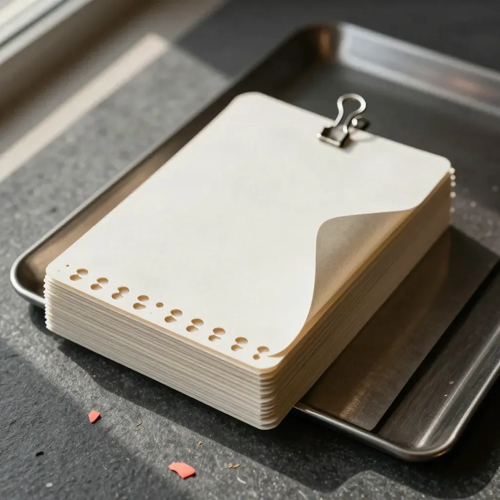 Blank perforated intake cards clipped beside a metal tray on a stone surface.