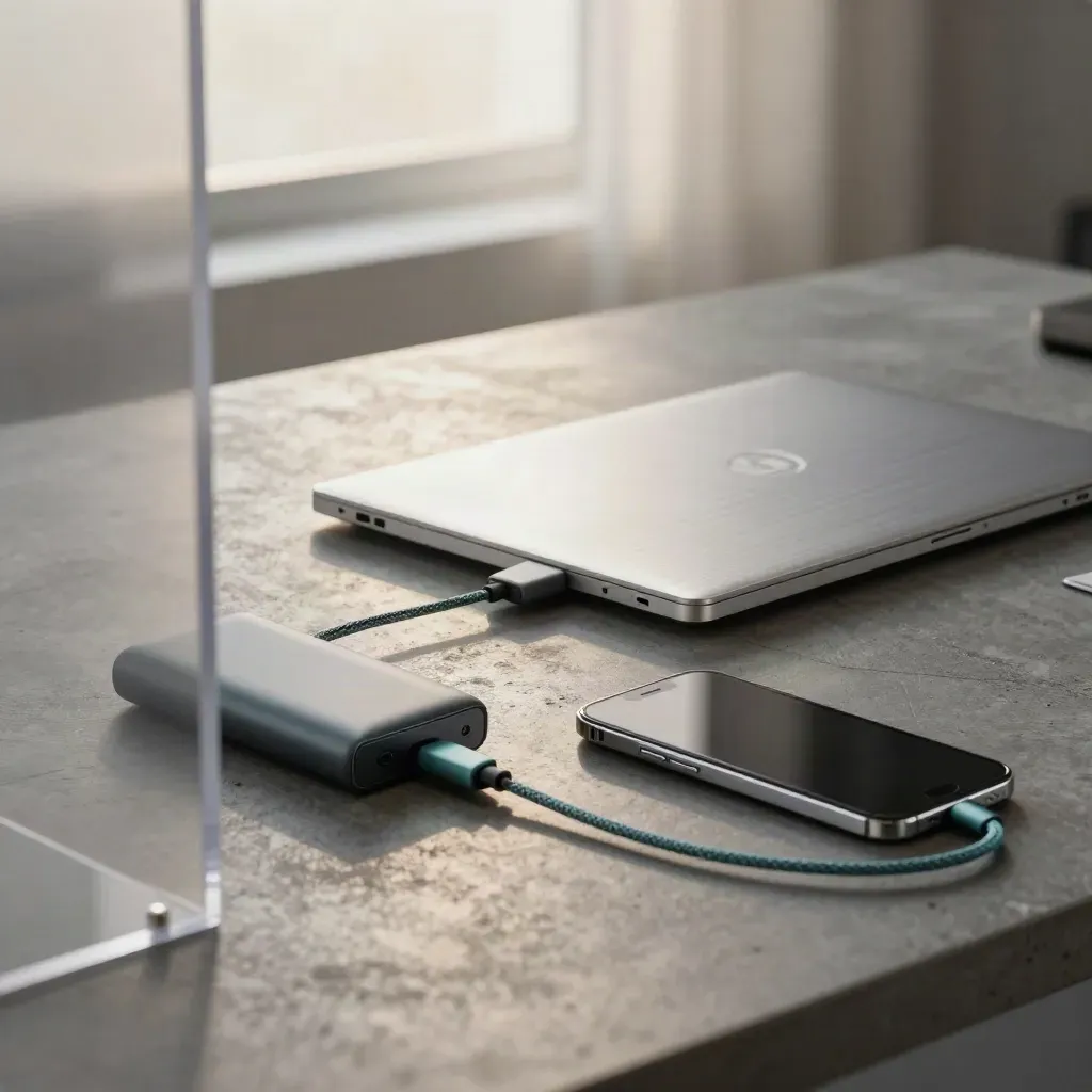 Closed laptop beside charger hub, power bank and phone on a hazy launch-week desk.