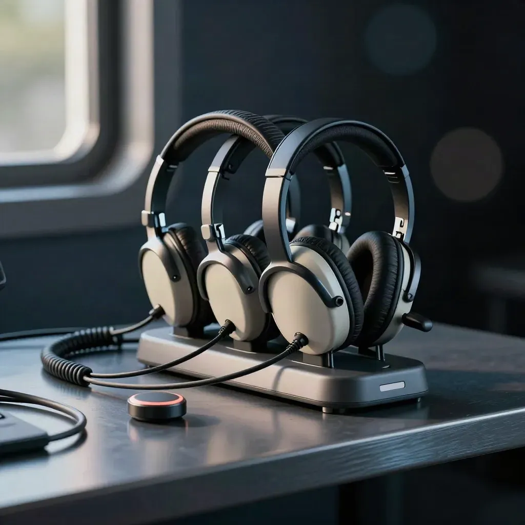 Headsets charging beside a call-light puck and cables on brushed metal, seen through a foreground blur.