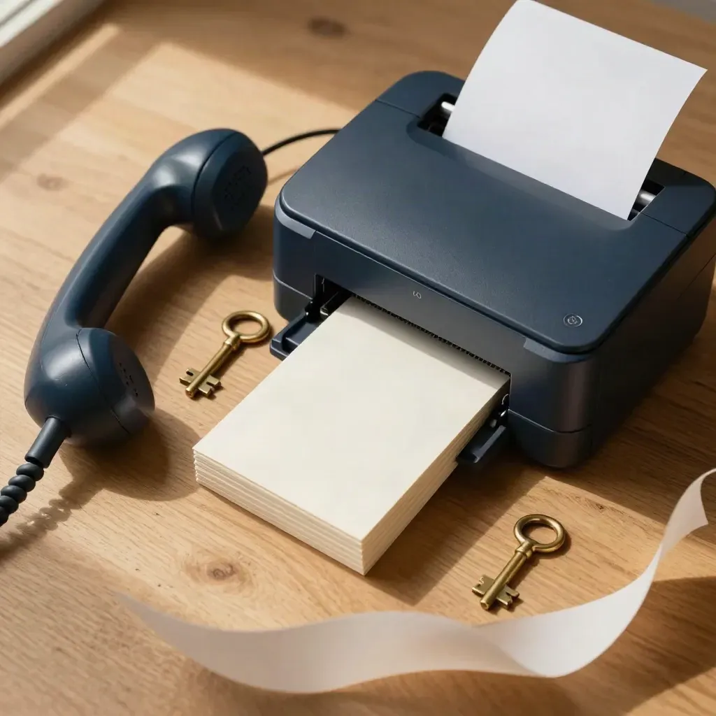 Receipt printer, handset, appointment cards and cash key on pale wood.