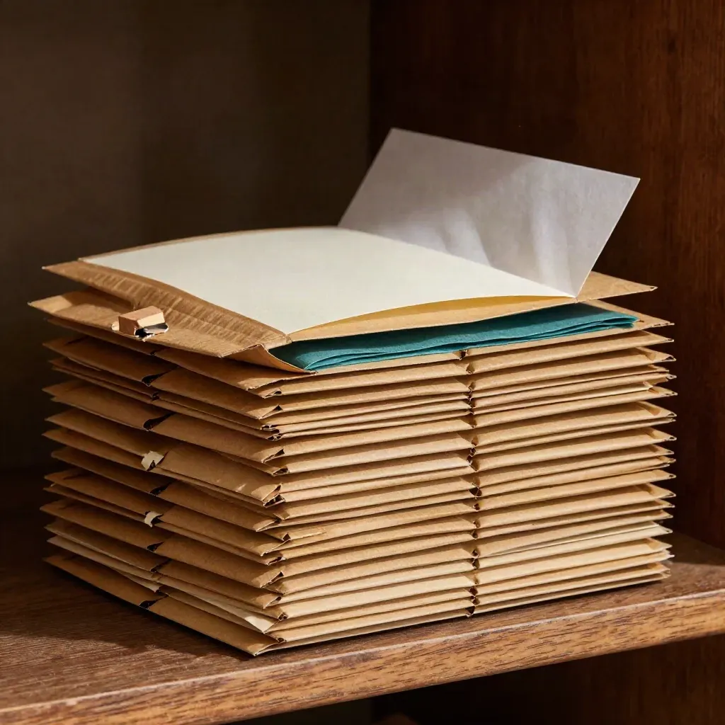 Kraft mailers, folded cards, tissue paper and a stamp block in dramatic warm light.