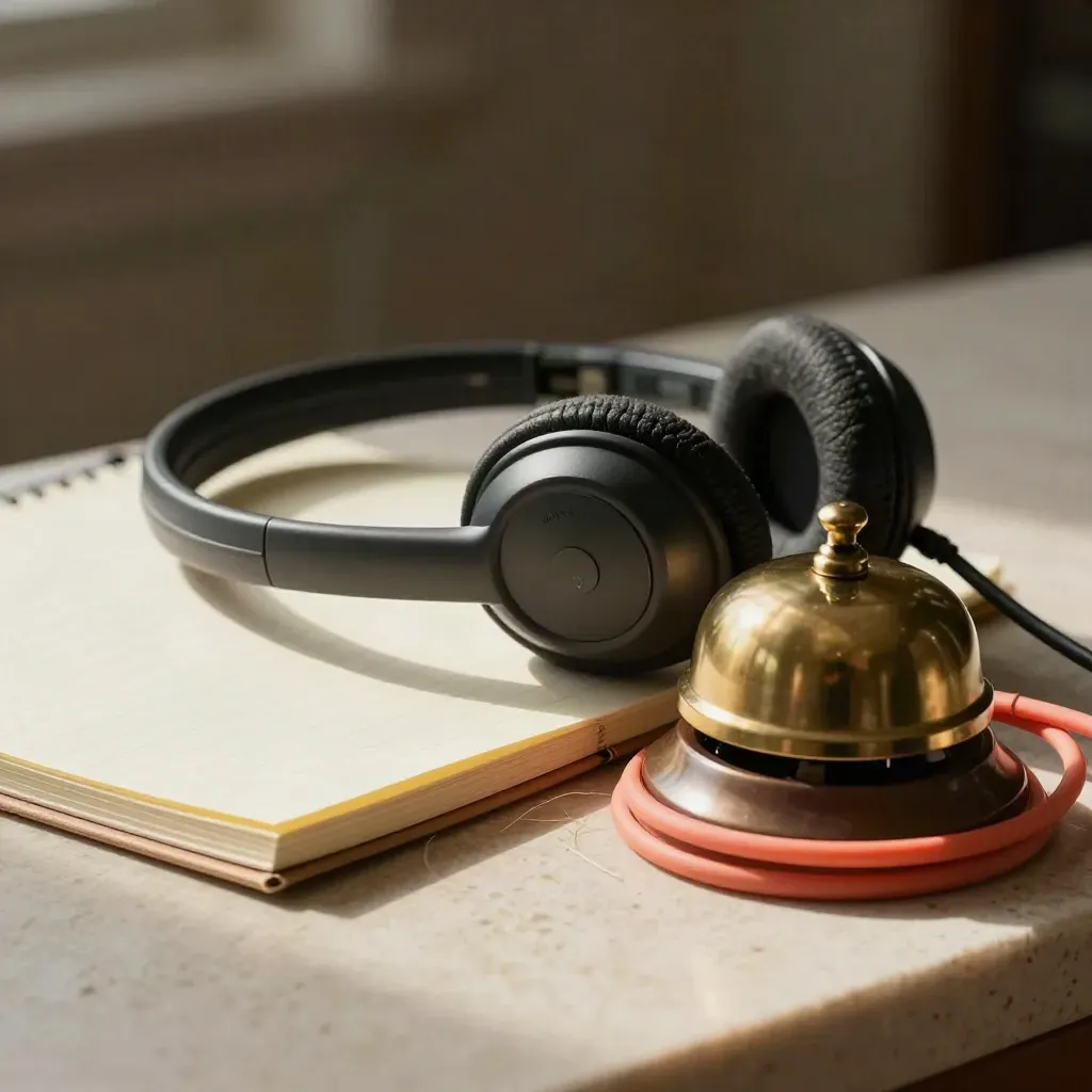 Macro still life of a headset, note pad, desk bell and coral cable wrap on a stone counter.