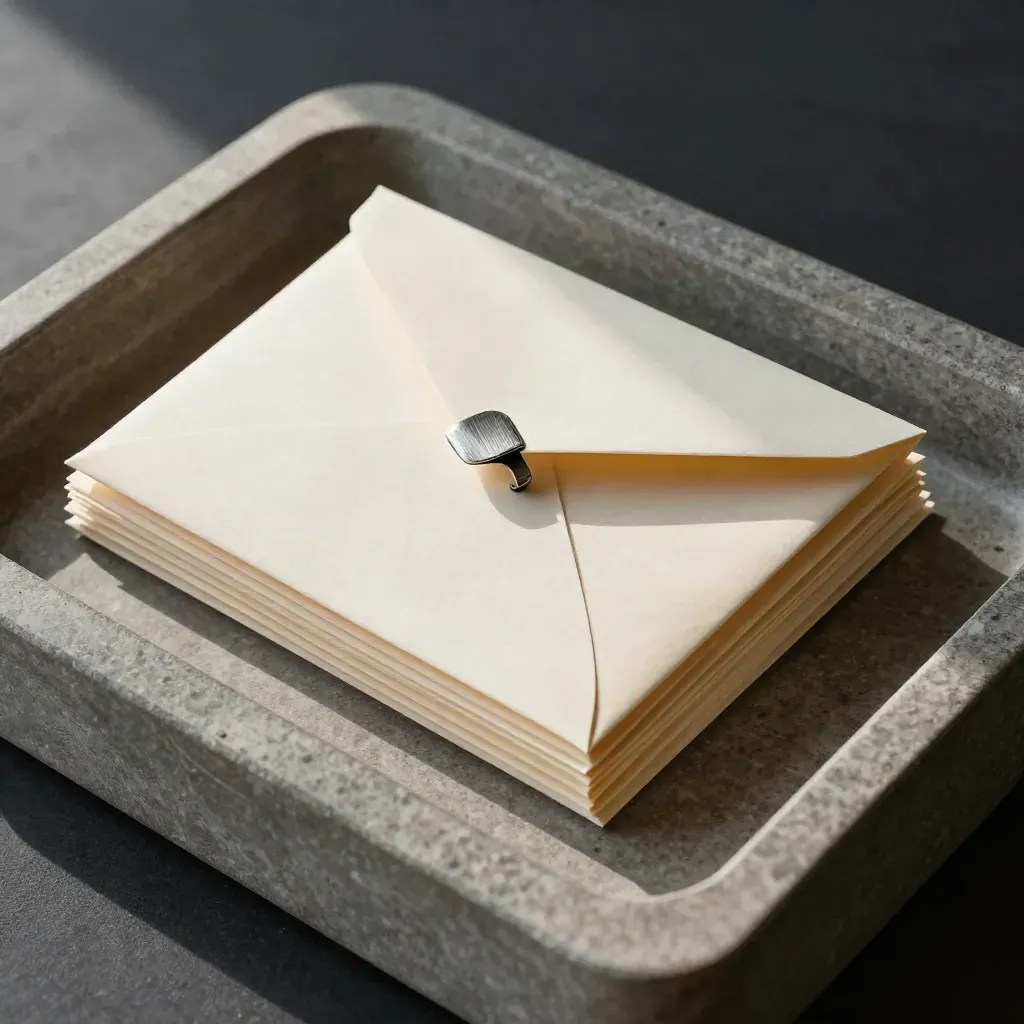 Top-down close-up of envelopes, tags and a transfer clip in a stone tray.