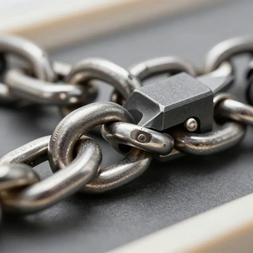 Extreme macro of aluminum links and connector rings on brushed graphite with soft haze.