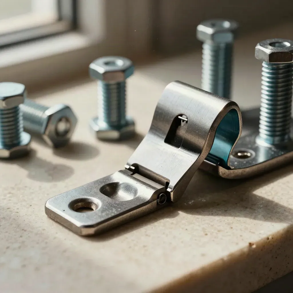 Extreme macro of metal bolts, hinge, bracket and pin set on stone with teal accent.