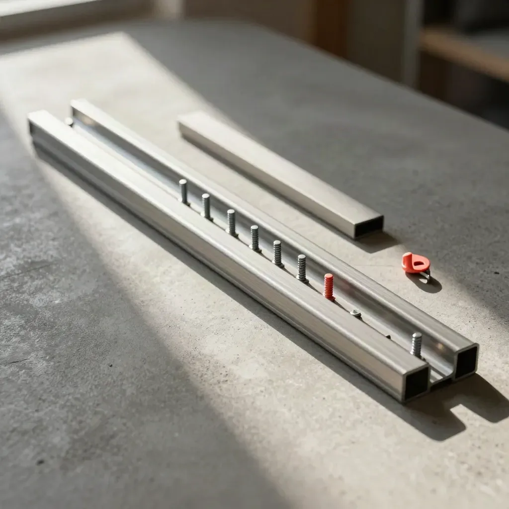 Top-down still life of aligned rail segments, pins, clips and a spacer block on cool concrete.