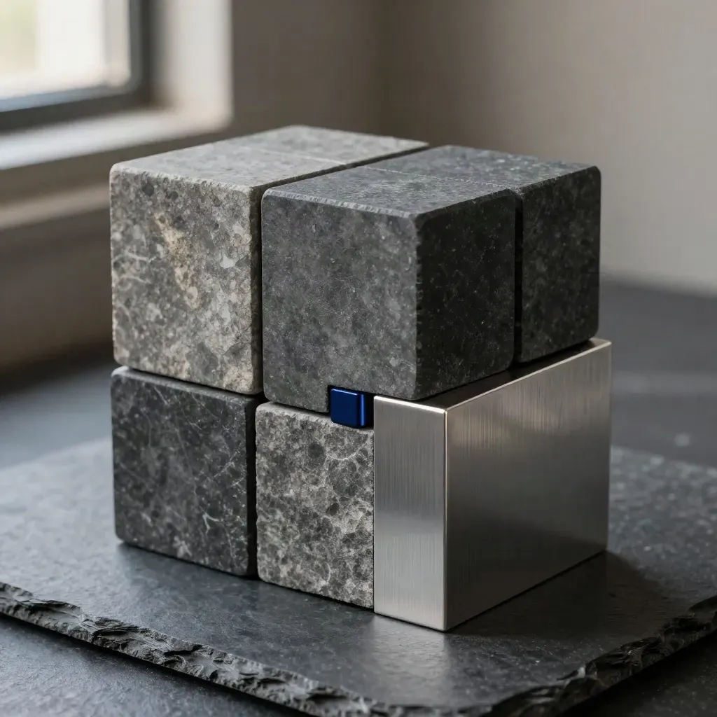 Matte cubes, stone tiles, and an aluminum block interlock on charcoal stone with a navy accent.