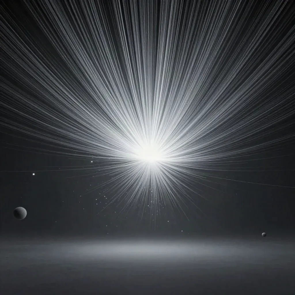 Silver filaments converge into a white bloom in graphite haze, leaving calm space for copy.