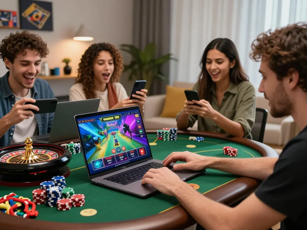 Exciting Onbet gaming scene with players engaging in diverse games and dynamic interactions.
