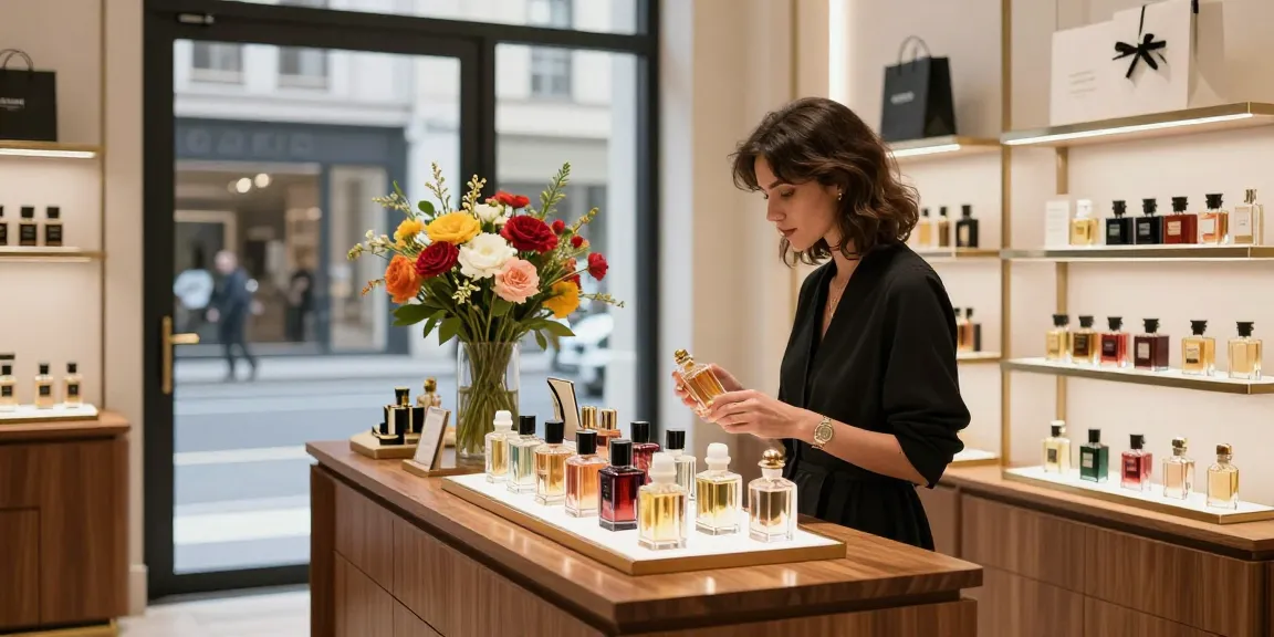 Woman shopping for fragrance trends amidst luxurious perfume bottles in a chic boutique.