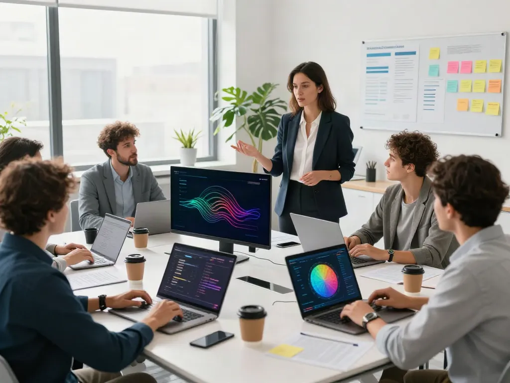 Team collaborating in a bright modern office to find solutions.