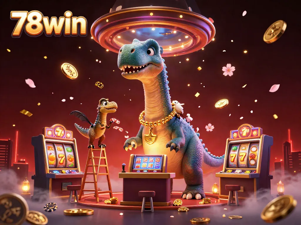 Engaging 78win casino scene featuring a giant brontosaurus and vibrant slot machines.