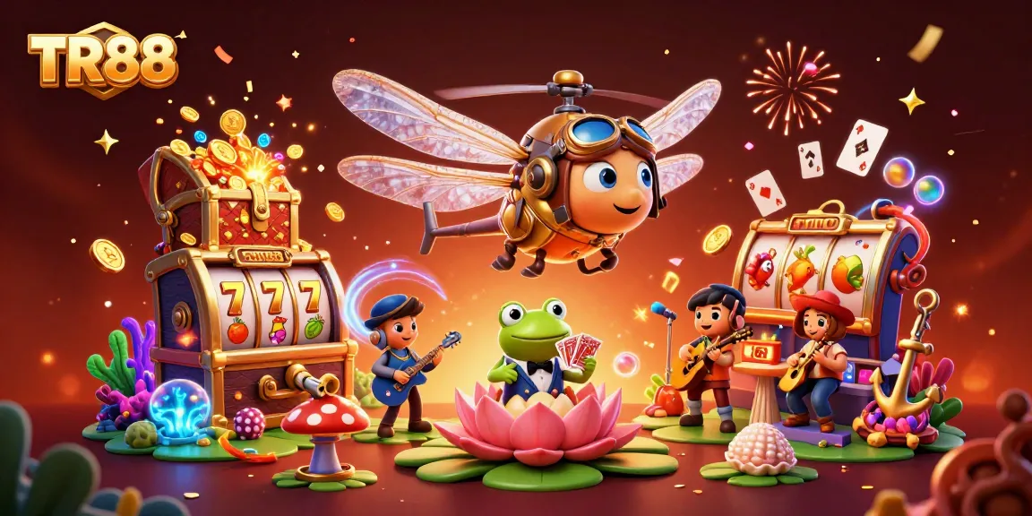 Experience thrilling gaming action with TR88, vibrant cartoon casino scene featuring dragonfly pilot and frog dealer.