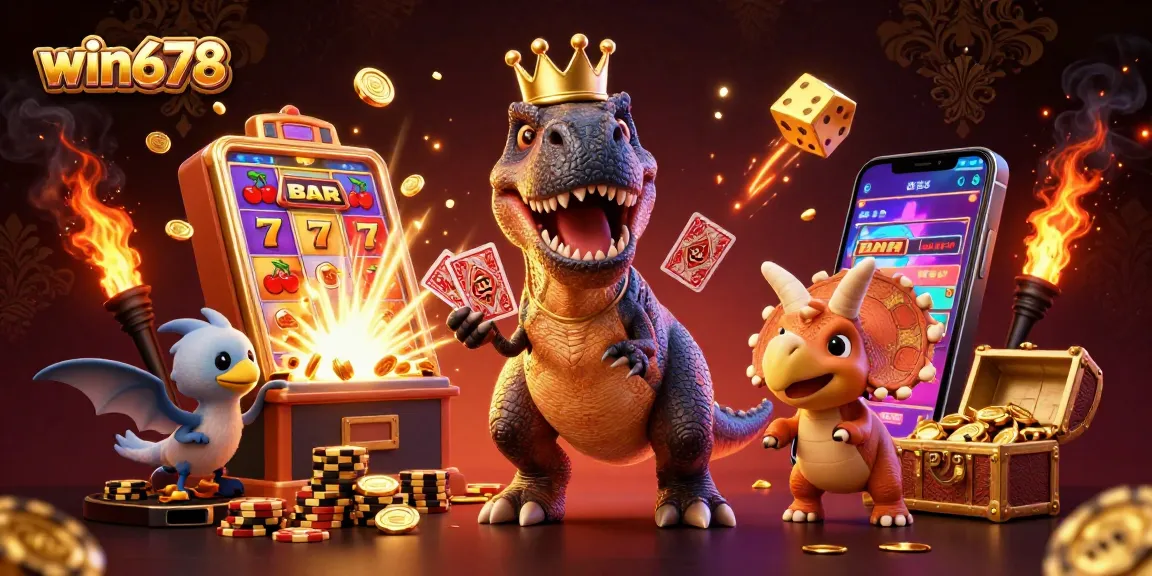 Engage with win678's thrilling casino experience featuring a T-Rex, pterodactyl, and triceratops among slot machines.