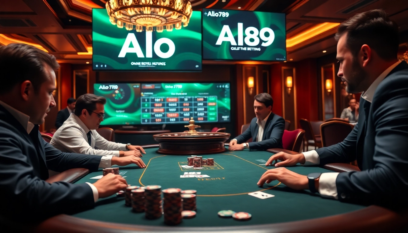 Players enjoy a thrilling poker game at Alo 789, showcasing vibrant chips and cards.