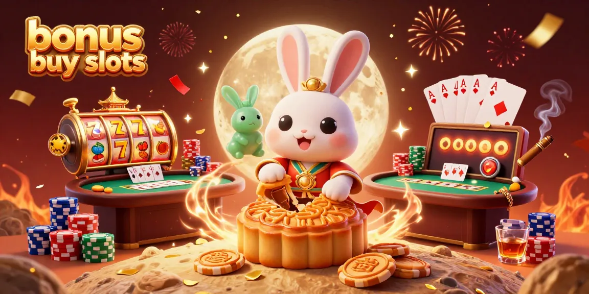 Engage with exciting bonus buy slots featuring a moon rabbit, poker chips, and vibrant casino elements.