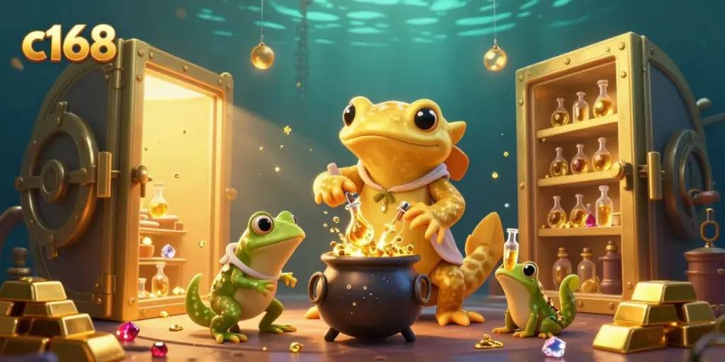 Win big with c168 in this vibrant 3D casino scene filled with gold and fantasy elements.