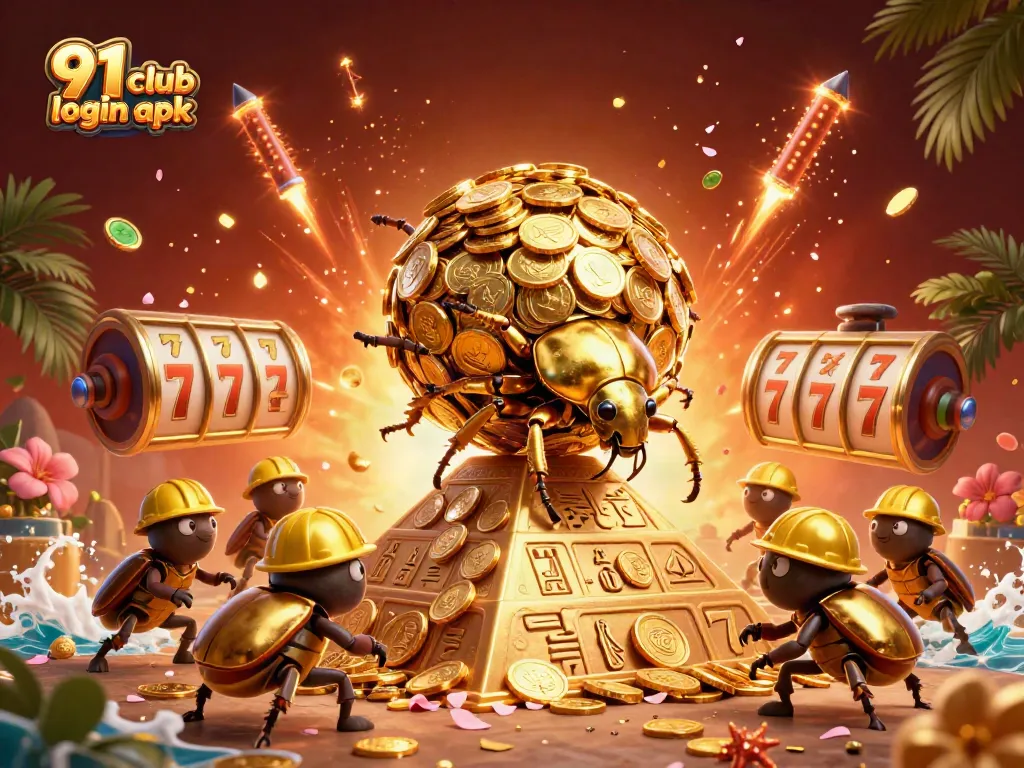 Engage with vibrant 91 club login apk scene featuring golden beetles, slot reels, and festive elements.