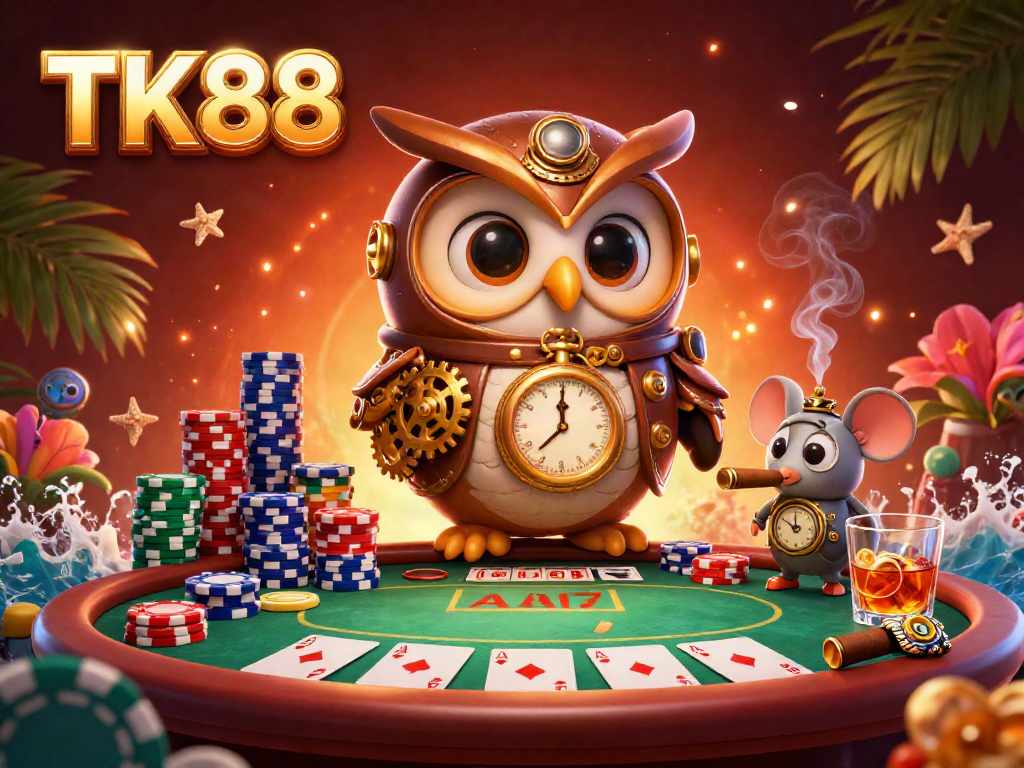 Experience thrilling TK88 gaming with a 3D time-traveler owl in a vibrant casino setting.