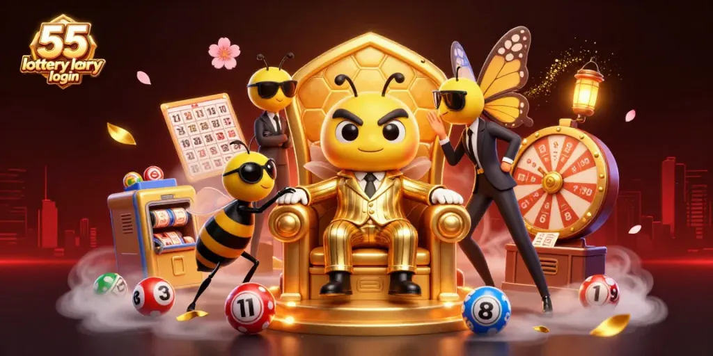 Experience exciting gameplay at 55 lottery login with our vibrant lottery scene illustrating numbered balls and prize wheels.