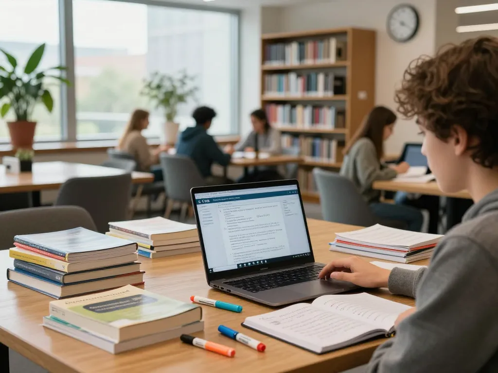 Student studying C168 course materials in a bright library setting, surrounded by textbooks and notes.