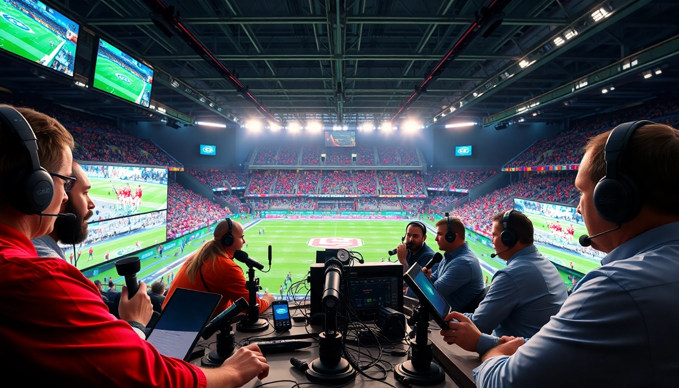 Dynamic broadcasting team capturing thrilling moments of Sports Broadcasting with energetic atmosphere.