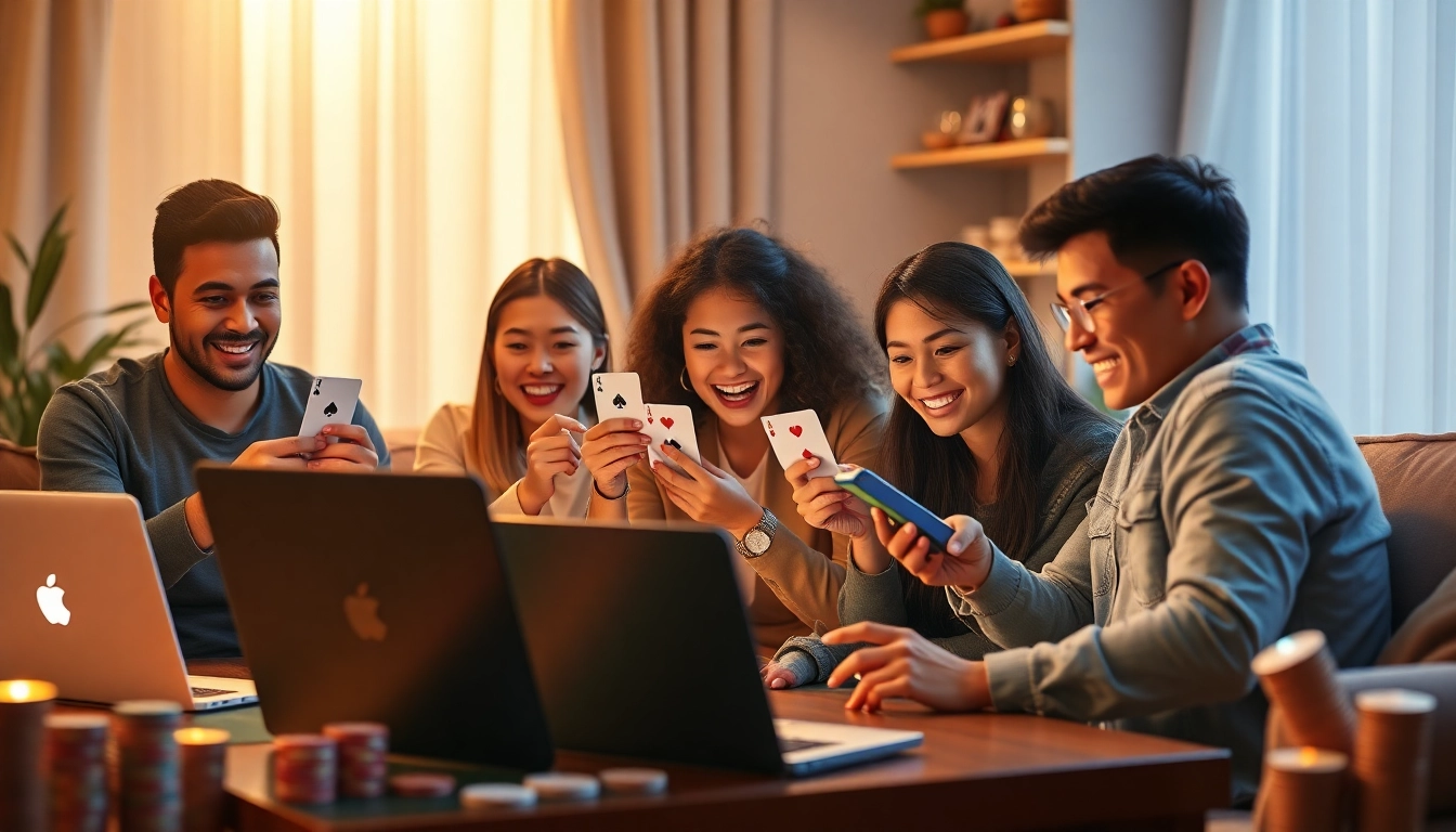 Players enjoying online card games on topgamebaidoithuong.mx platform, celebrating wins with excitement.