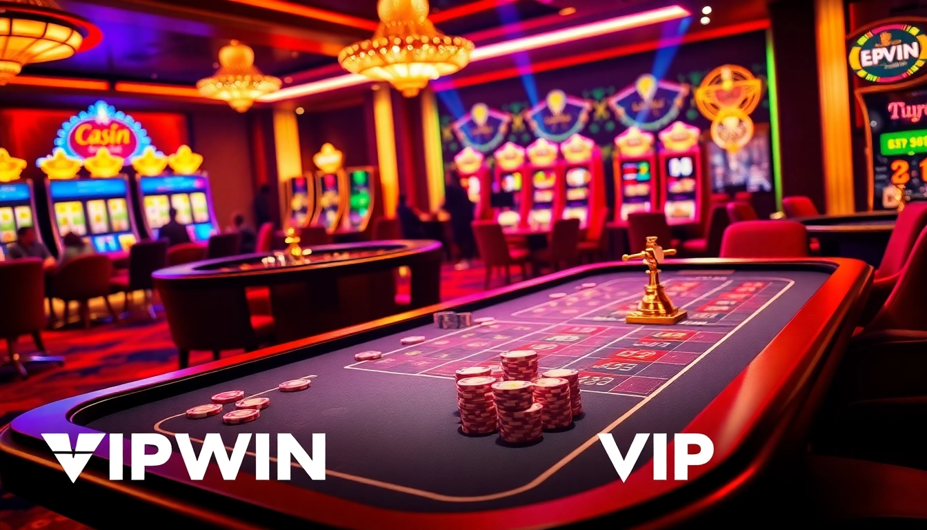 Engaging players enjoying a VIPWIN casino experience with poker chips and roulette wheel.