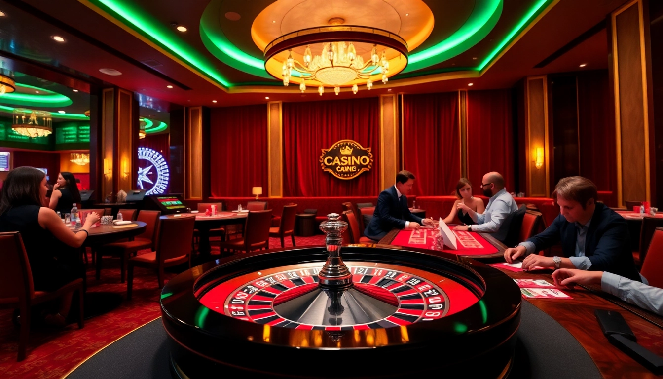 Experience exciting gaming at loto188.gb.net with vibrant roulette wheels, poker chips, and engaged players.