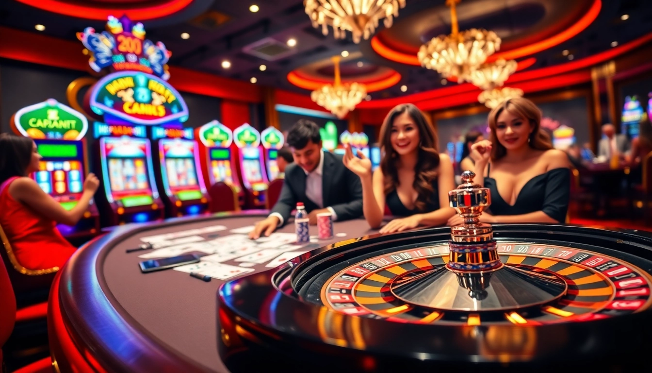 Engaged players enjoying a thrilling gambling experience at https://fun88.social/, featuring vibrant poker chips and a roulette wheel.