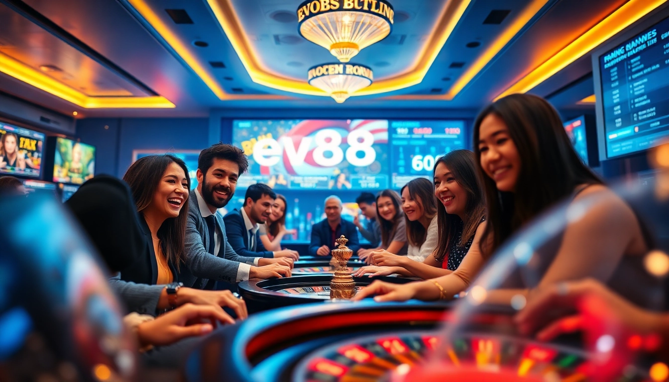 Dynamic casino scene at ev88win.live showcasing players enjoying various games.