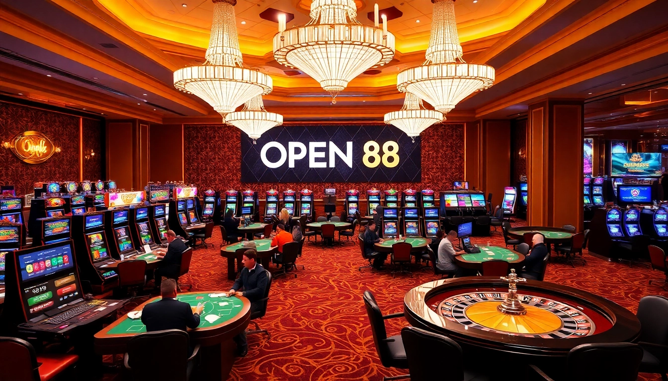 Players enjoying games at OPEN88 casino, with vibrant atmosphere and luxurious setting.