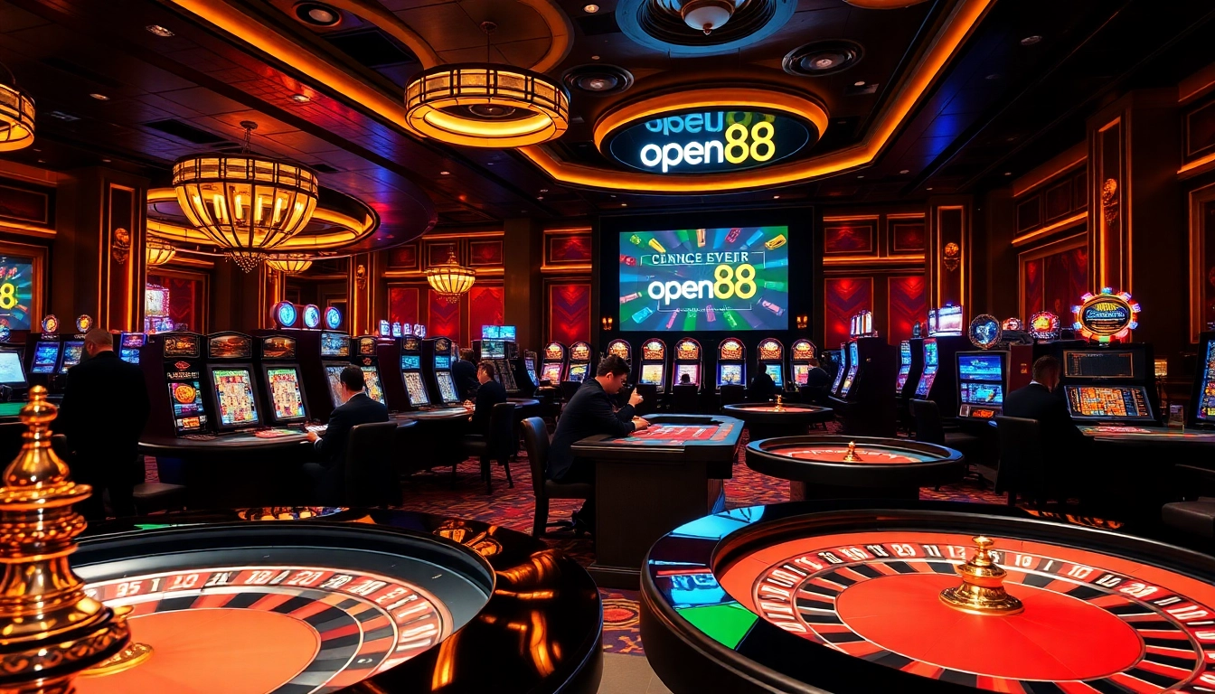 open88 players enjoying a thrilling experience at a luxurious casino with poker tables and slot machines.