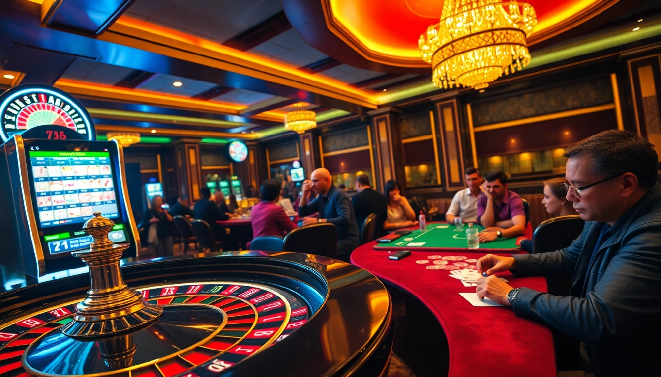Players engaging in thrilling games at 77Bet's luxurious casino with vibrant decor.